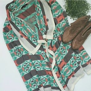 Vintage Western Aztec Print Multi Color  Open Front Cardigan Sweater